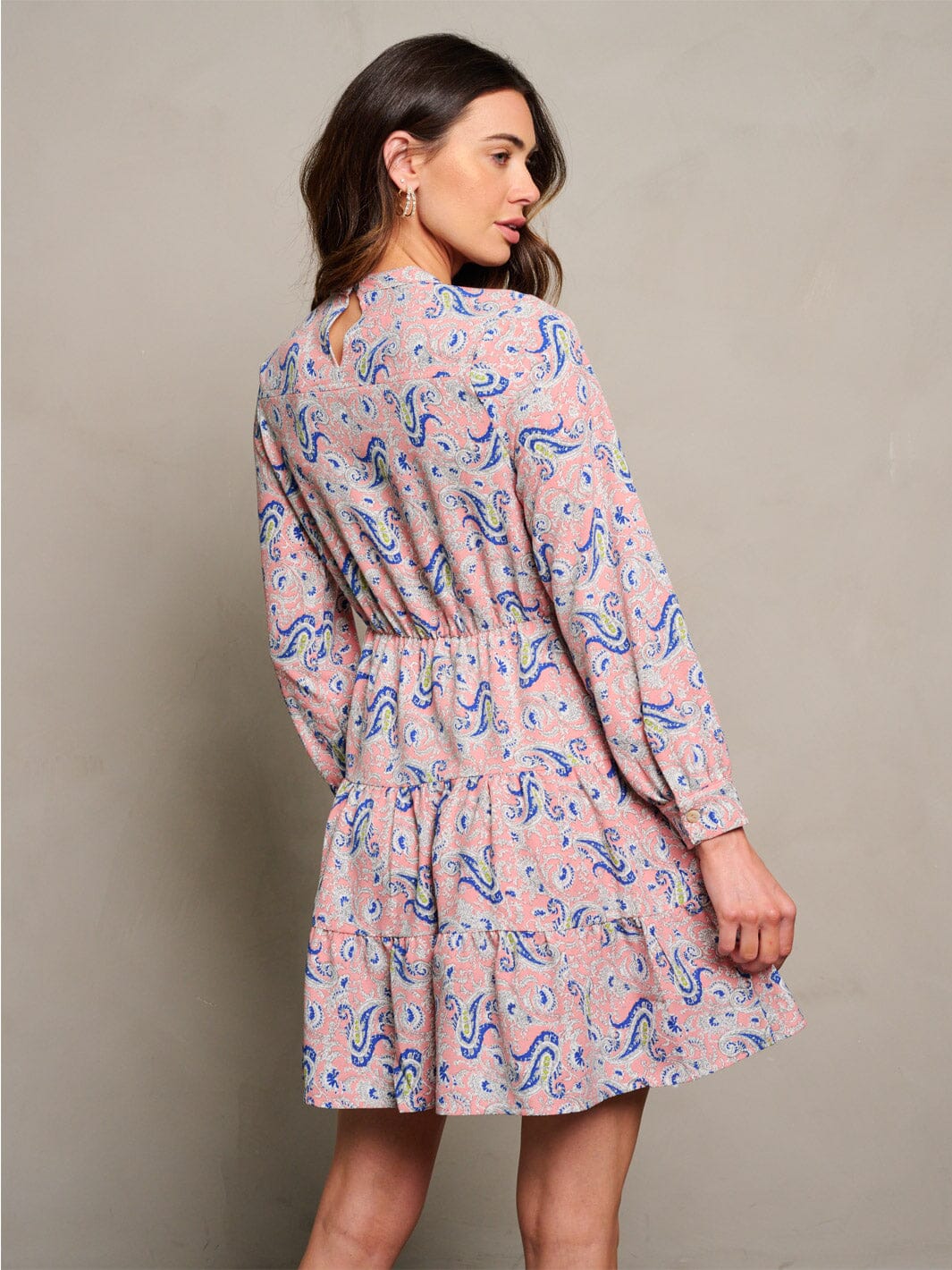 WOMEN'S LONG SLEEVE ELASTIC WAIST PAISLEY PRINT MINI DRESS