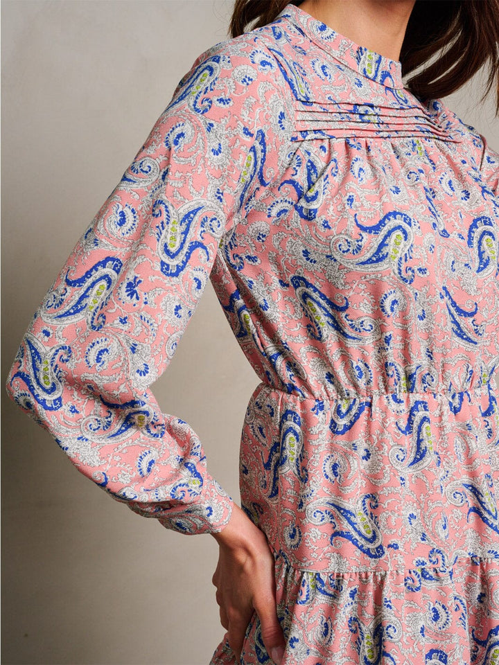 WOMEN'S LONG SLEEVE ELASTIC WAIST PAISLEY PRINT MINI DRESS