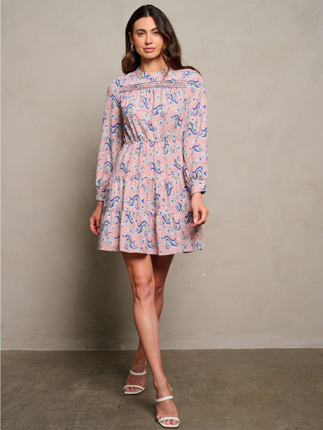 WOMEN'S LONG SLEEVE ELASTIC WAIST PAISLEY PRINT MINI DRESS