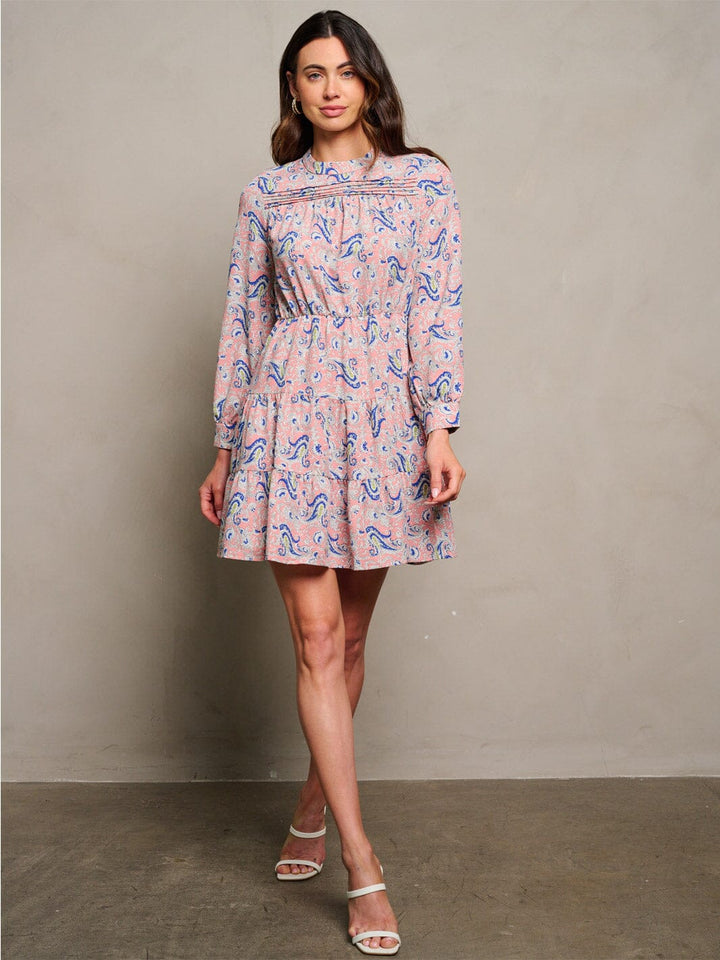 WOMEN'S LONG SLEEVE ELASTIC WAIST PAISLEY PRINT MINI DRESS