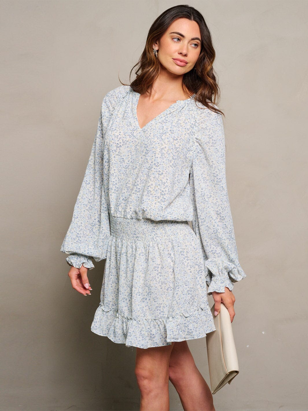 WOMEN'S LONG SLEEVE V-NECK SMOCK WAIST FLORAL PRINT MINI DRESS