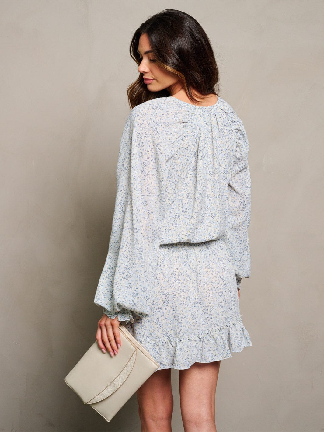 WOMEN'S LONG SLEEVE V-NECK SMOCK WAIST FLORAL PRINT MINI DRESS