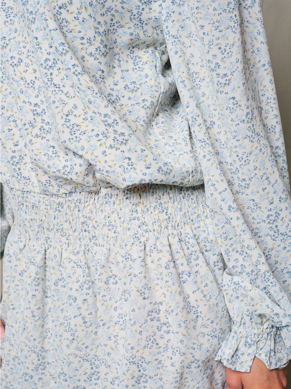 WOMEN'S LONG SLEEVE V-NECK SMOCK WAIST FLORAL PRINT MINI DRESS