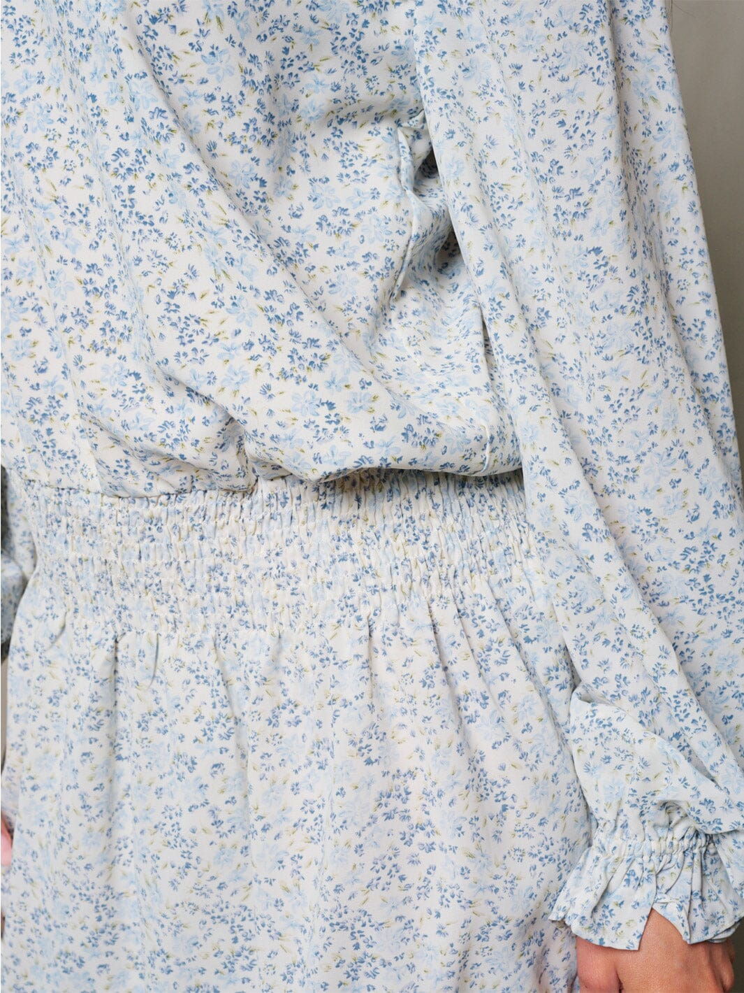 WOMEN'S LONG SLEEVE V-NECK SMOCK WAIST FLORAL PRINT MINI DRESS