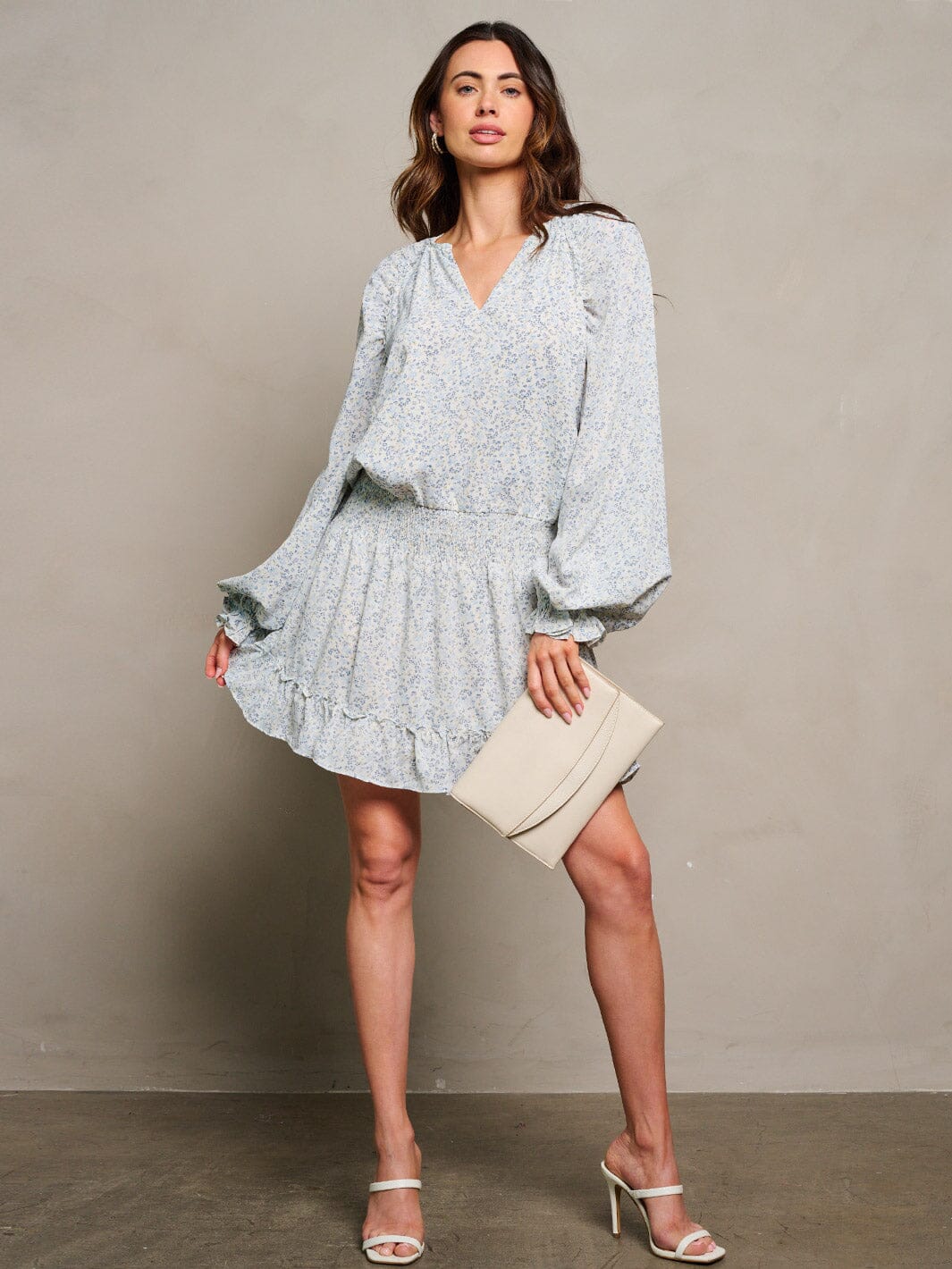 WOMEN'S LONG SLEEVE V-NECK SMOCK WAIST FLORAL PRINT MINI DRESS