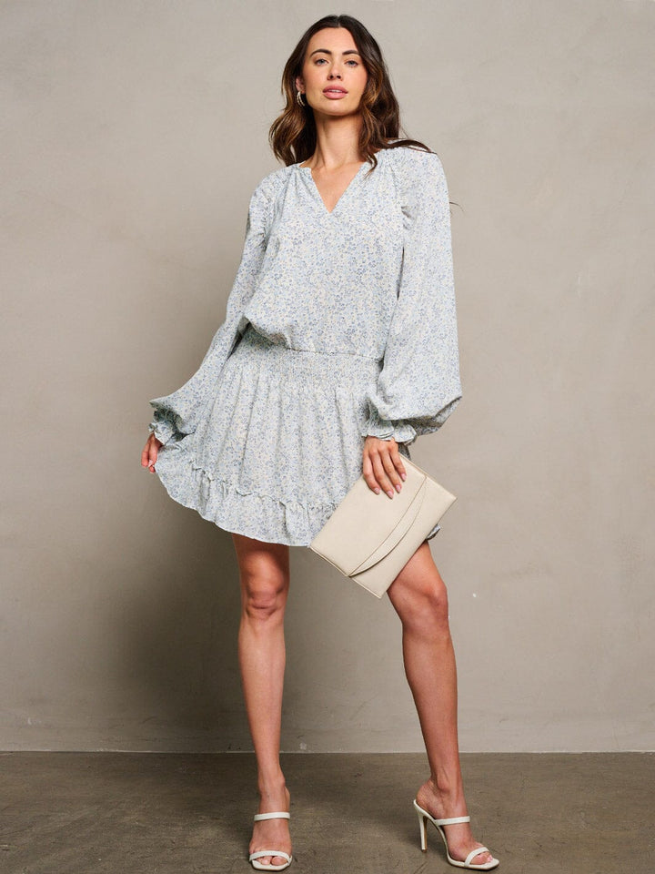 WOMEN'S LONG SLEEVE V-NECK SMOCK WAIST FLORAL PRINT MINI DRESS