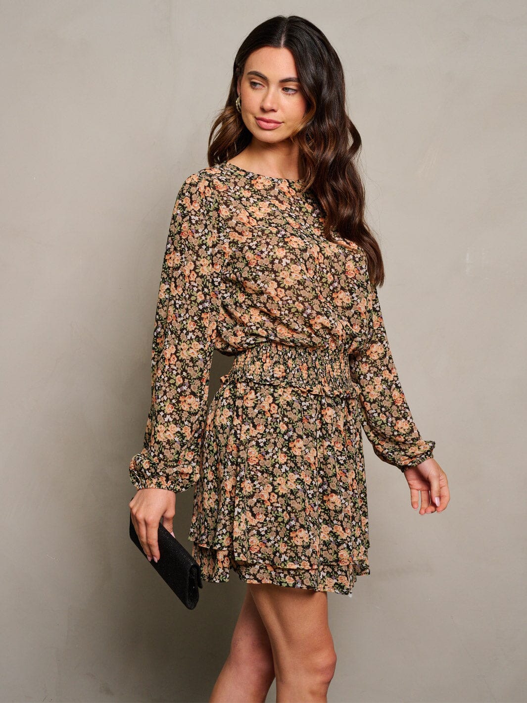 WOMEN'S LONG SLEEVE SMOCK WAIST FLORAL PRINT MINI DRESS