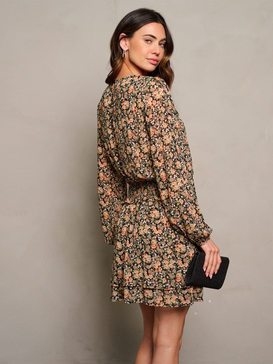 WOMEN'S LONG SLEEVE SMOCK WAIST FLORAL PRINT MINI DRESS