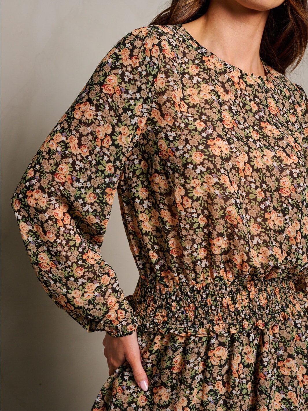 WOMEN'S LONG SLEEVE SMOCK WAIST FLORAL PRINT MINI DRESS