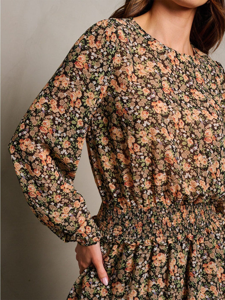 WOMEN'S LONG SLEEVE SMOCK WAIST FLORAL PRINT MINI DRESS