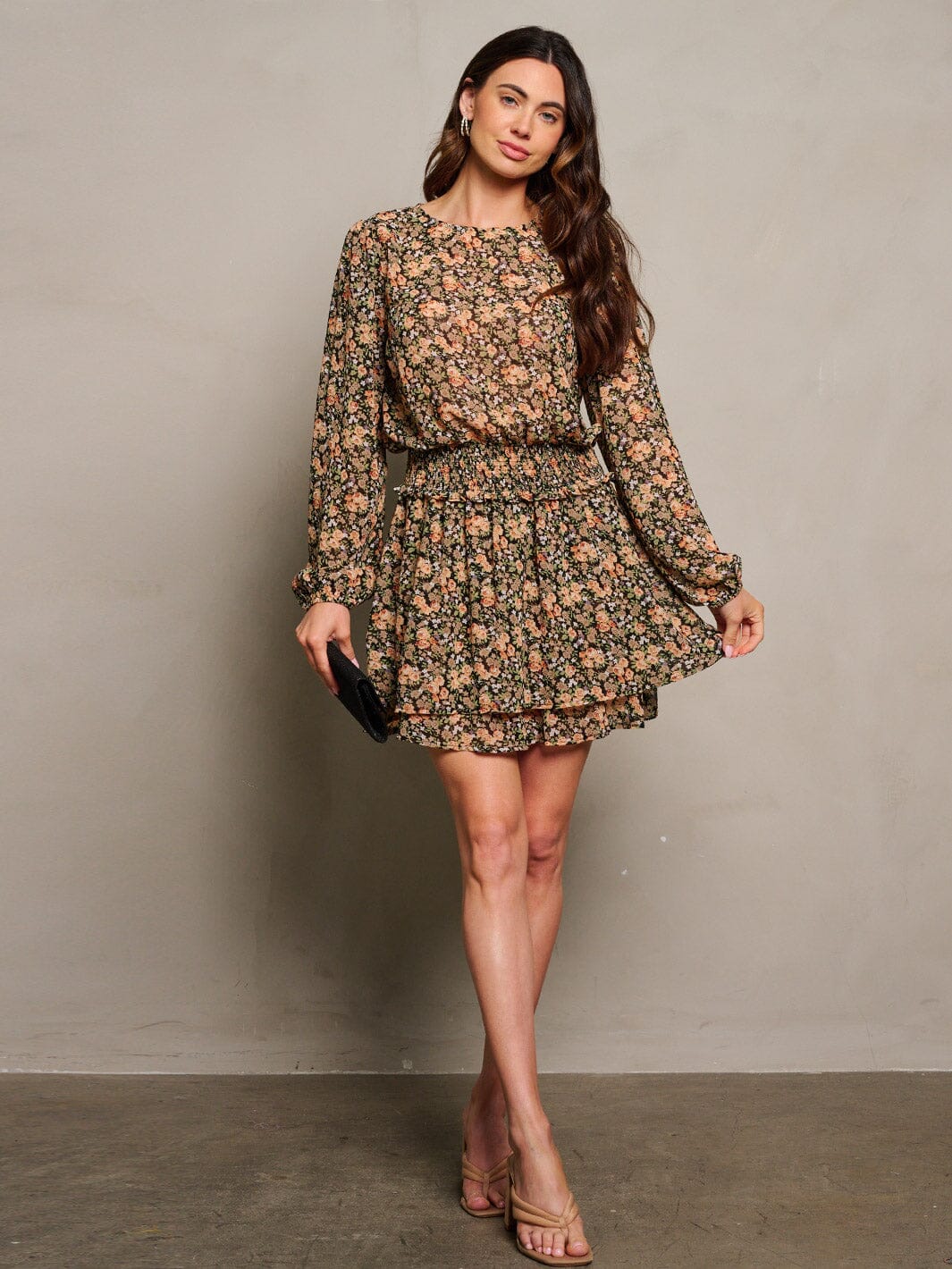WOMEN'S LONG SLEEVE SMOCK WAIST FLORAL PRINT MINI DRESS