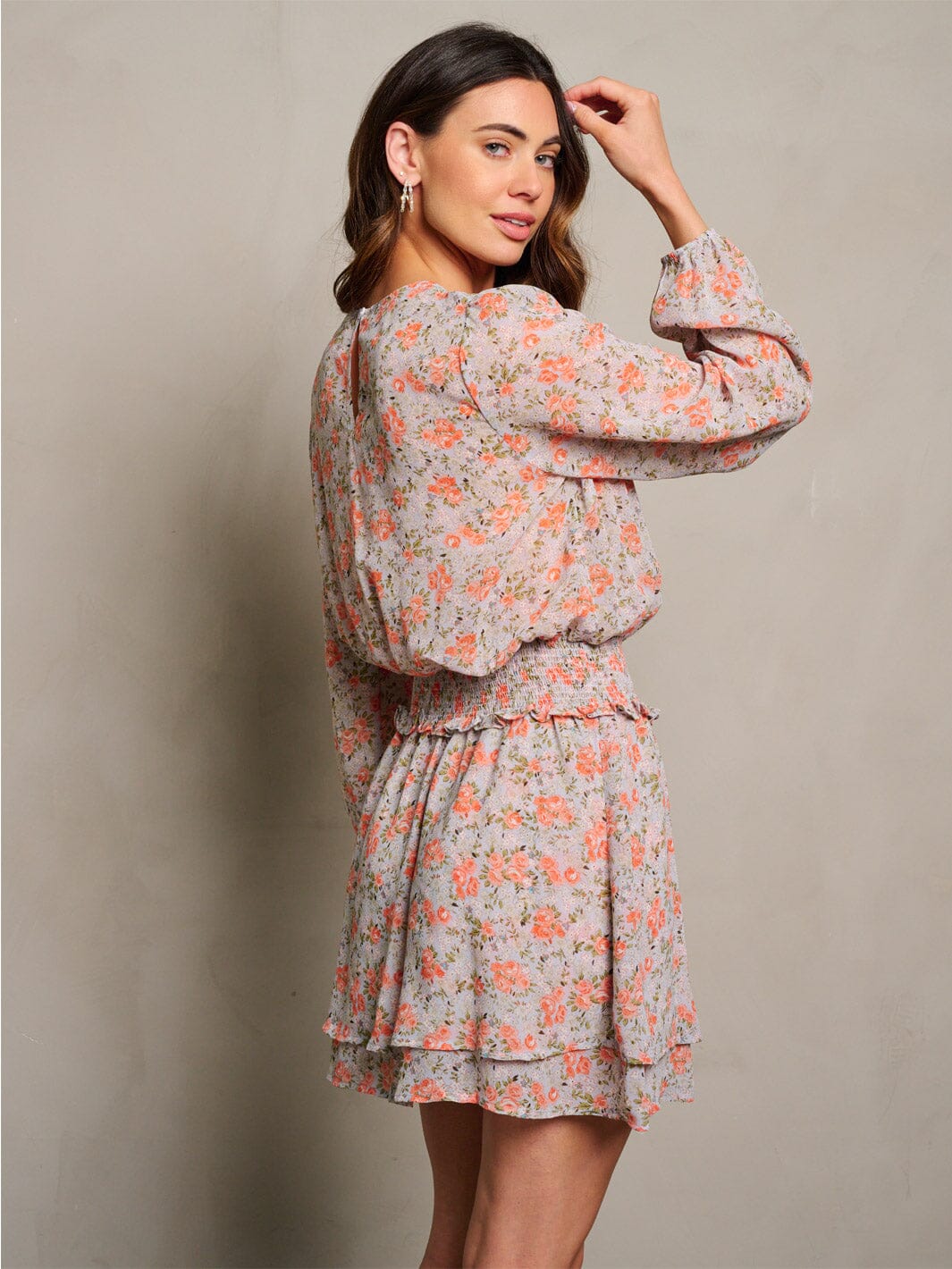 WOMEN'S LONG SLEEVE SMOCK WAIST FLORAL PRINT MINI DRESS