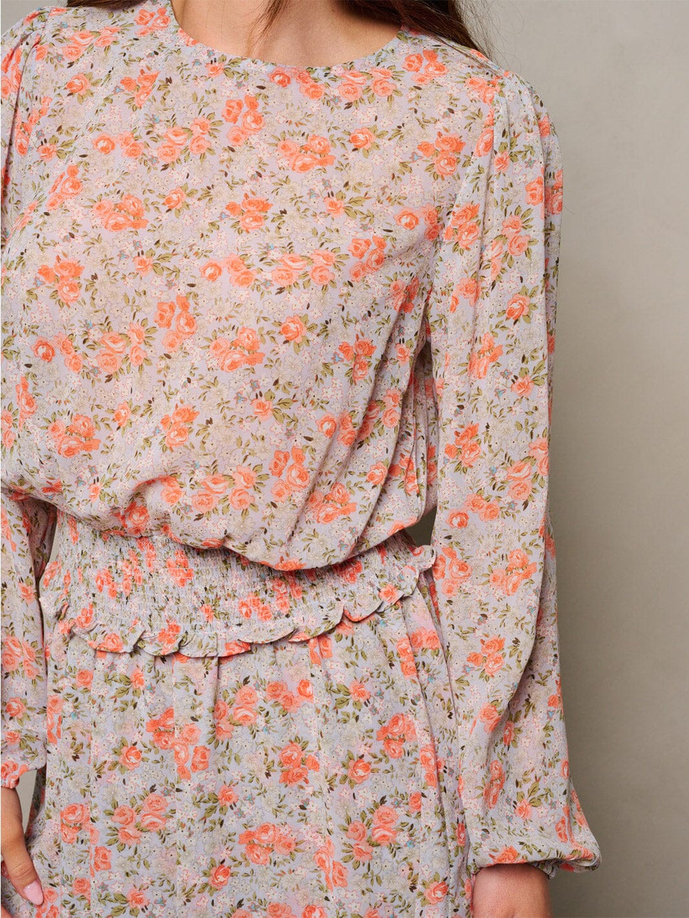 WOMEN'S LONG SLEEVE SMOCK WAIST FLORAL PRINT MINI DRESS