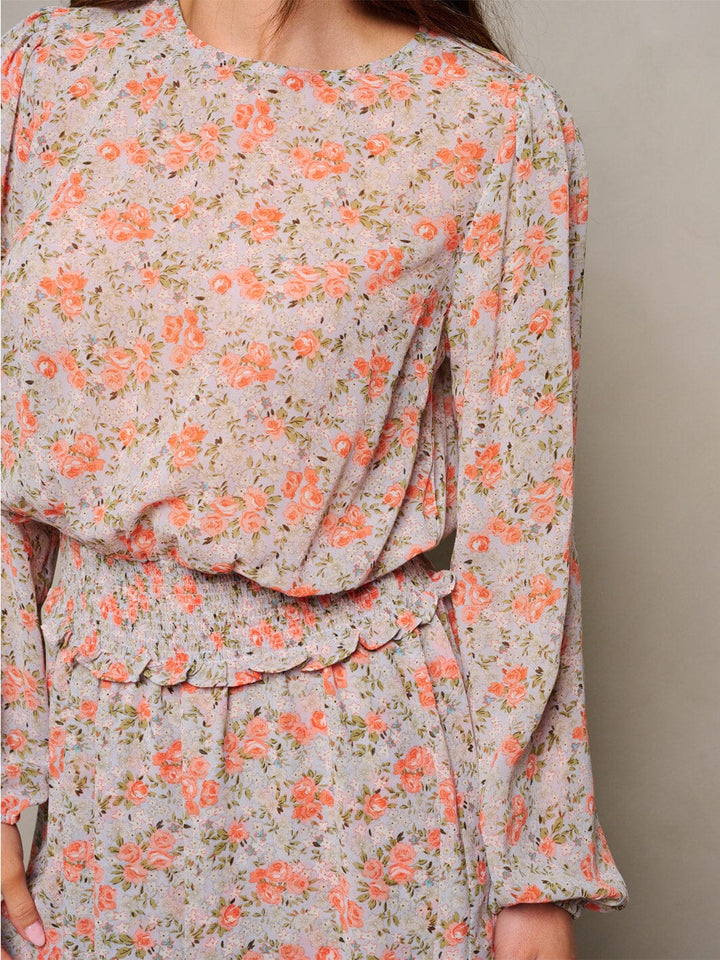 WOMEN'S LONG SLEEVE SMOCK WAIST FLORAL PRINT MINI DRESS