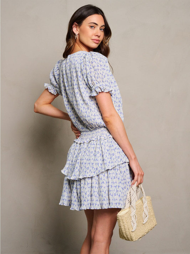 WOMEN'S SHORT SLEEVE V-NECK SMOCK WAIST RUFFLE FLORAL MINI DRESS