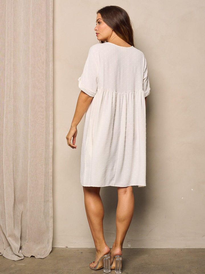 WOMEN'S SHORT SLEEVE V-NECK SWISS DOTS TUNIC MINI DRESS