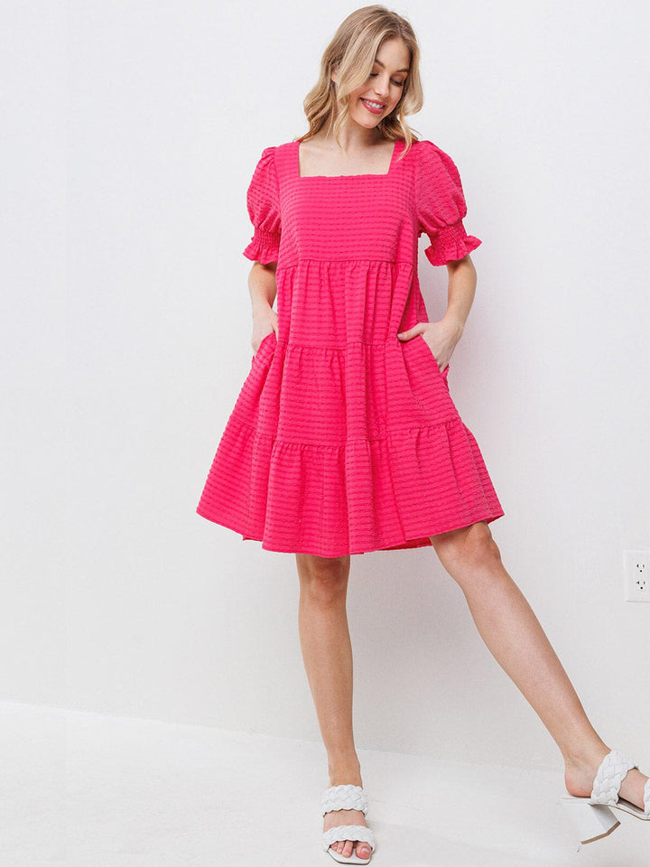 WOMEN'S SHORT PUFF SLEEVES DETAILED TIERED TUNIC MINI DRESS
