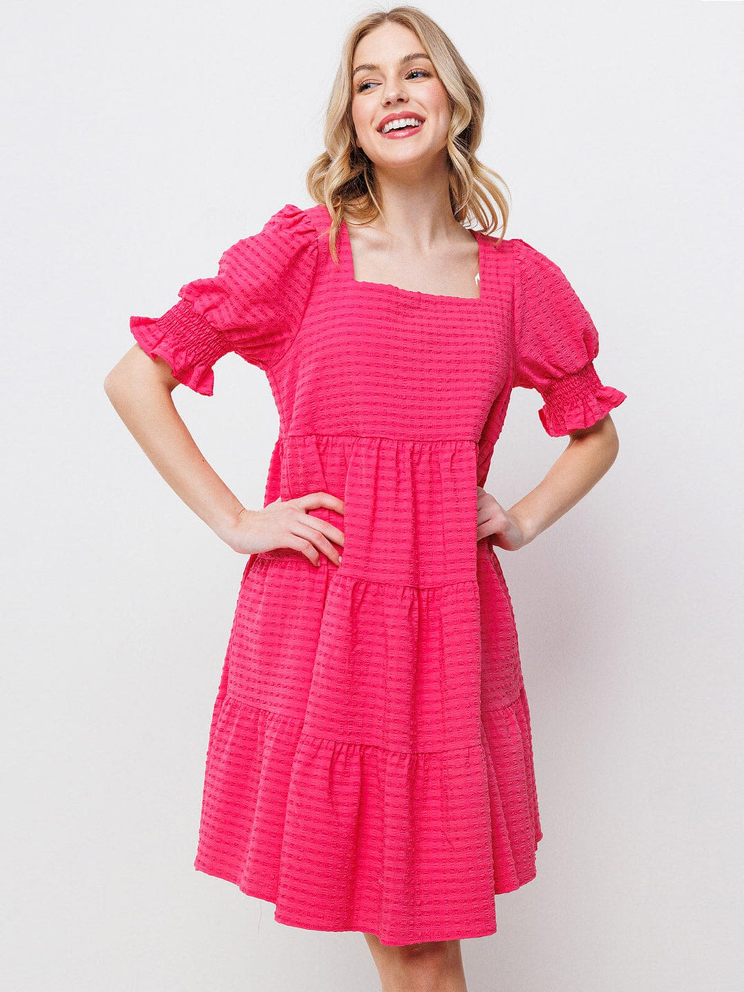 WOMEN'S SHORT PUFF SLEEVES DETAILED TIERED TUNIC MINI DRESS