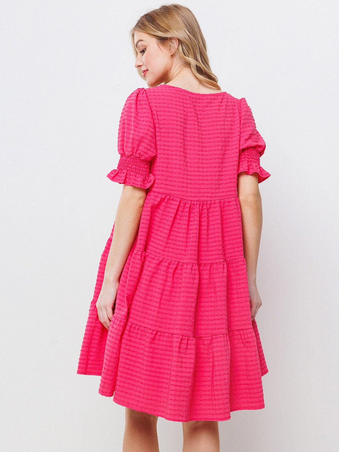 WOMEN'S SHORT PUFF SLEEVES DETAILED TIERED TUNIC MINI DRESS