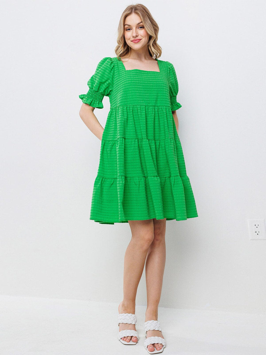 WOMEN'S SHORT PUFF SLEEVES DETAILED TIERED TUNIC MINI DRESS