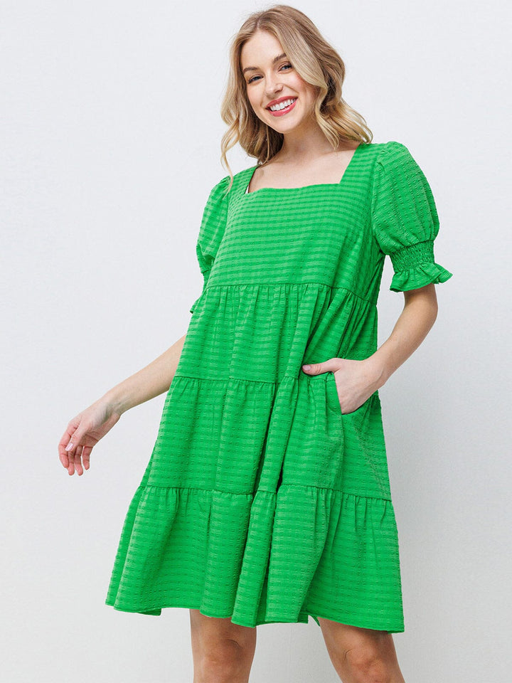 WOMEN'S SHORT PUFF SLEEVES DETAILED TIERED TUNIC MINI DRESS