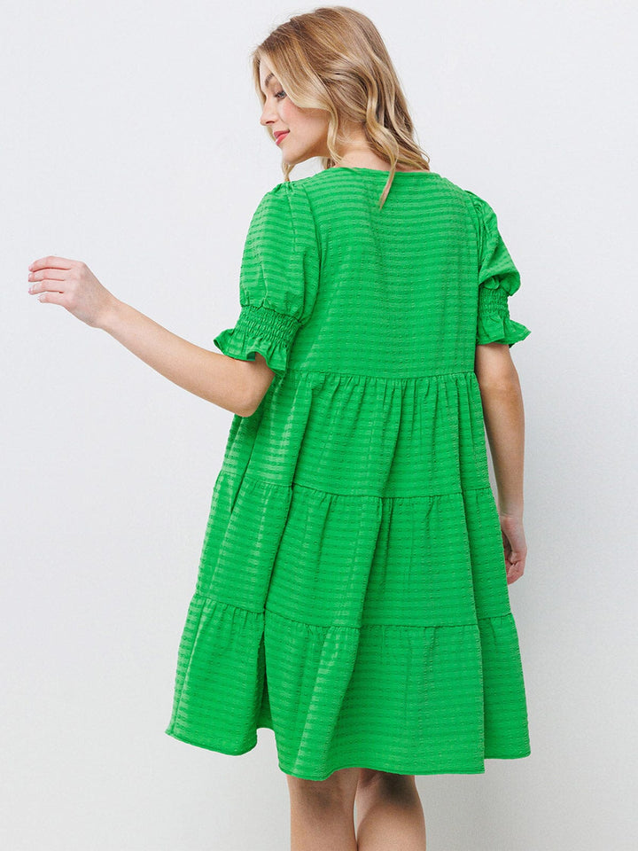 WOMEN'S SHORT PUFF SLEEVES DETAILED TIERED TUNIC MINI DRESS