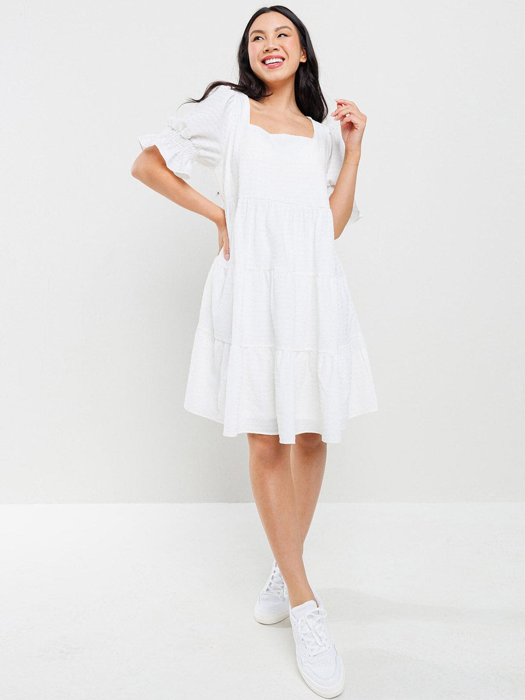WOMEN'S SHORT PUFF SLEEVES DETAILED TIERED TUNIC MINI DRESS