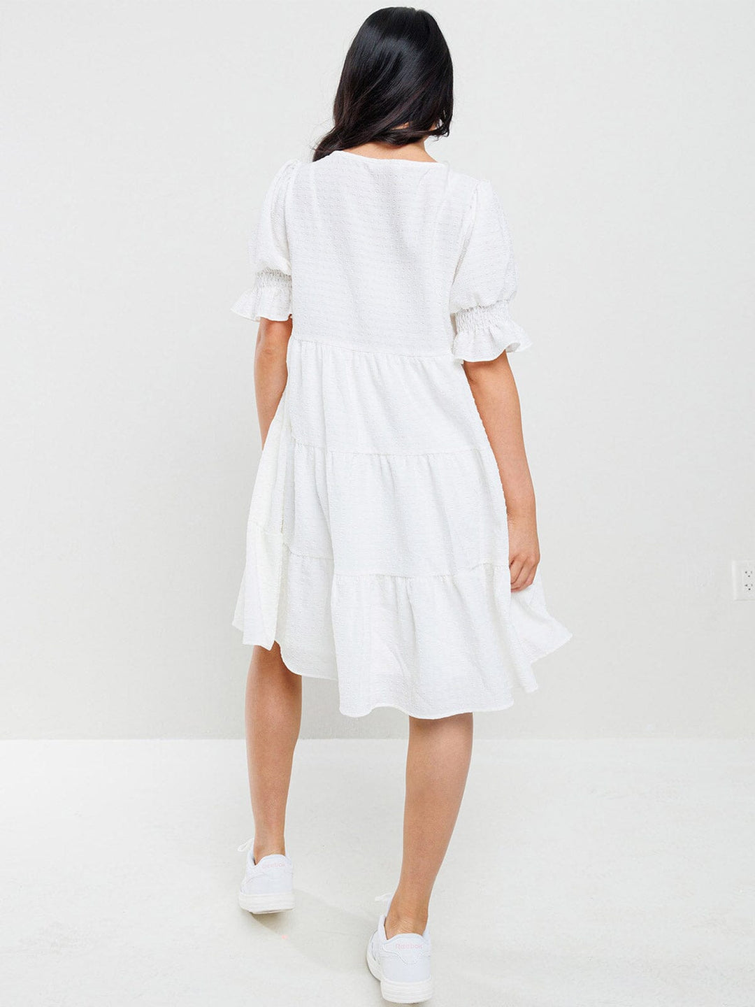 WOMEN'S SHORT PUFF SLEEVES DETAILED TIERED TUNIC MINI DRESS