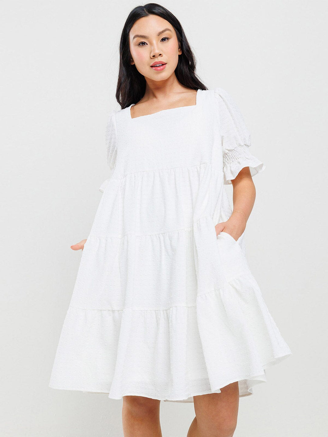 WOMEN'S SHORT PUFF SLEEVES DETAILED TIERED TUNIC MINI DRESS