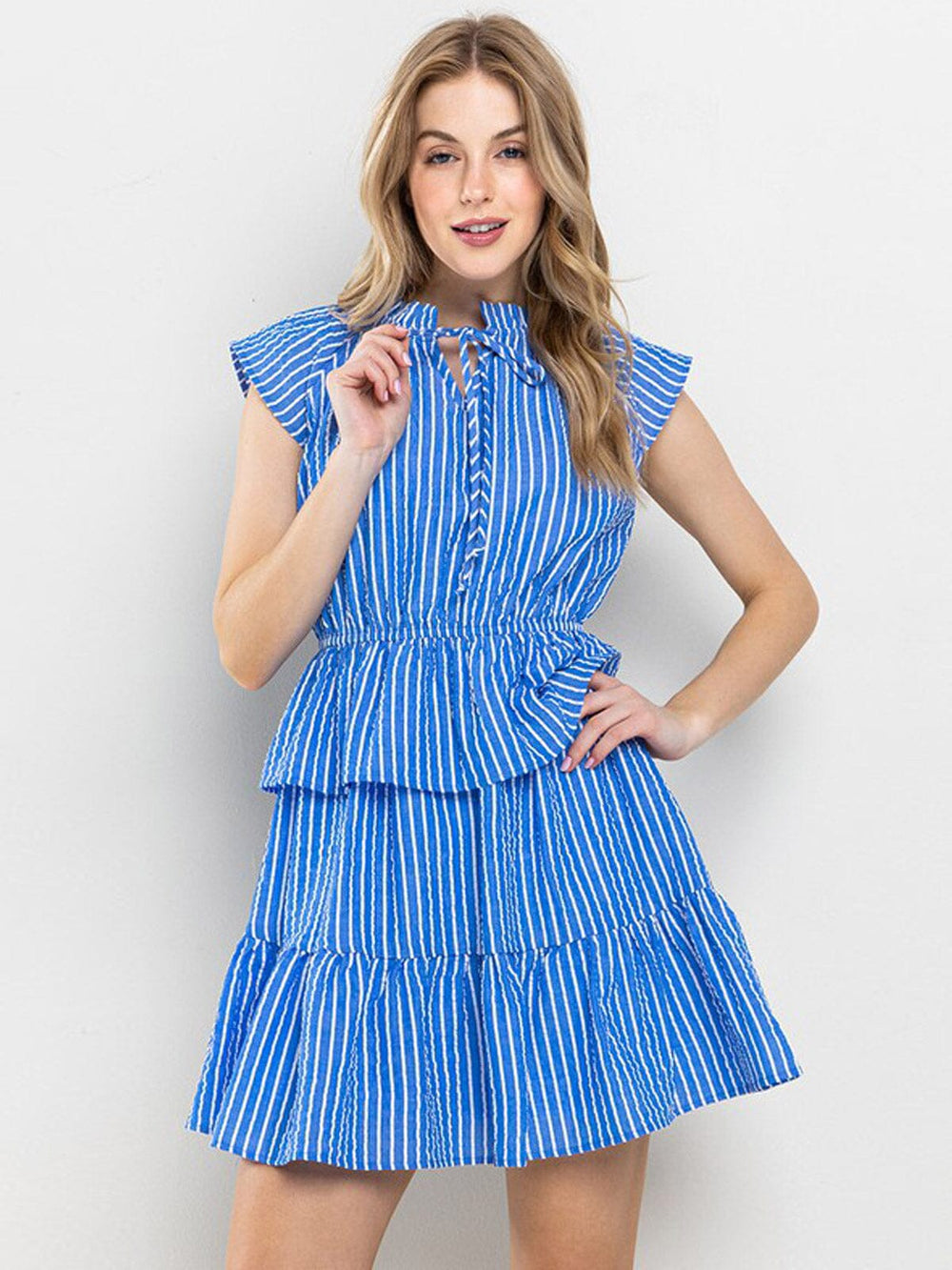 WOMEN'S SHORT SLEEVE RUFFLE TIERED STRIPES MINI DRESS