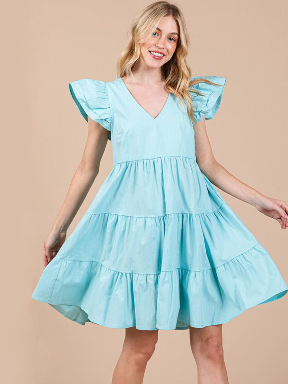 WOMEN'S SHORT RUFFLE SLEEVE TIERED V-NECK POCKETS TUNIC MINI DRESS