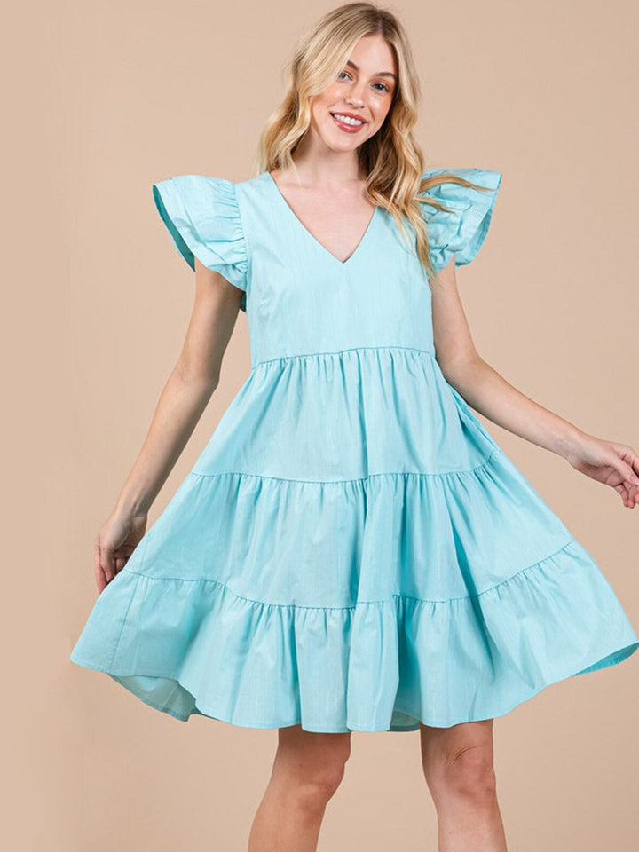 WOMEN'S SHORT RUFFLE SLEEVE TIERED V-NECK POCKETS TUNIC MINI DRESS