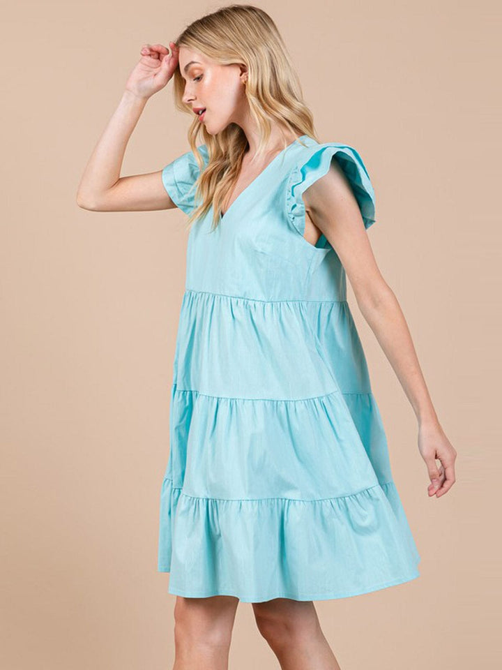 WOMEN'S SHORT RUFFLE SLEEVE TIERED V-NECK POCKETS TUNIC MINI DRESS