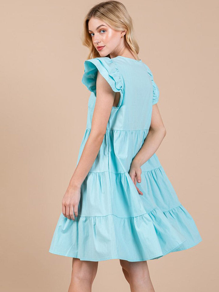 WOMEN'S SHORT RUFFLE SLEEVE TIERED V-NECK POCKETS TUNIC MINI DRESS