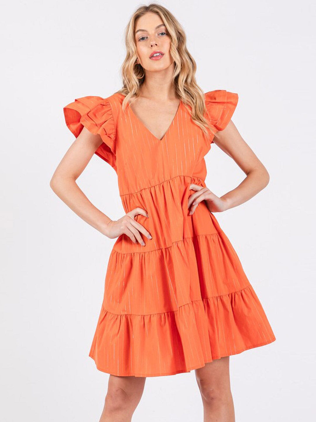 WOMEN'S SHORT RUFFLE SLEEVE TIERED V-NECK POCKETS TUNIC MINI DRESS