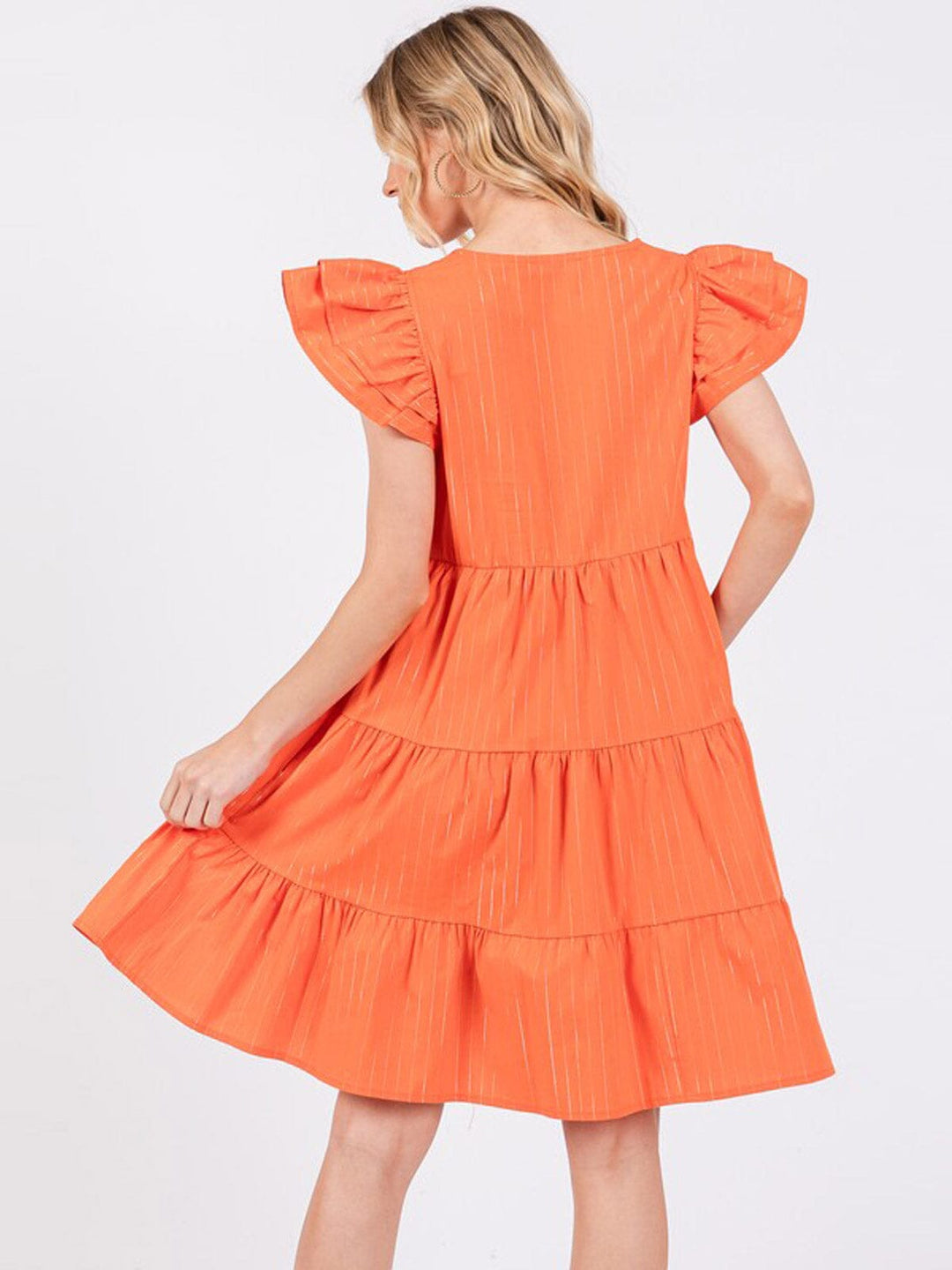 WOMEN'S SHORT RUFFLE SLEEVE TIERED V-NECK POCKETS TUNIC MINI DRESS