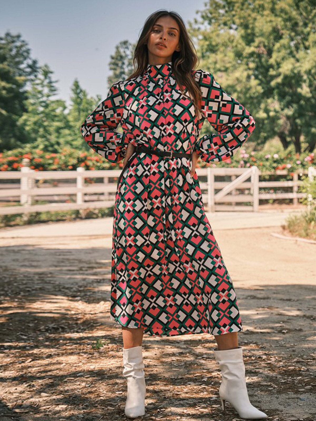 WOMEN'S LONG SLEEVE MOCK NECK MULTI PRINT MAXI DRESS