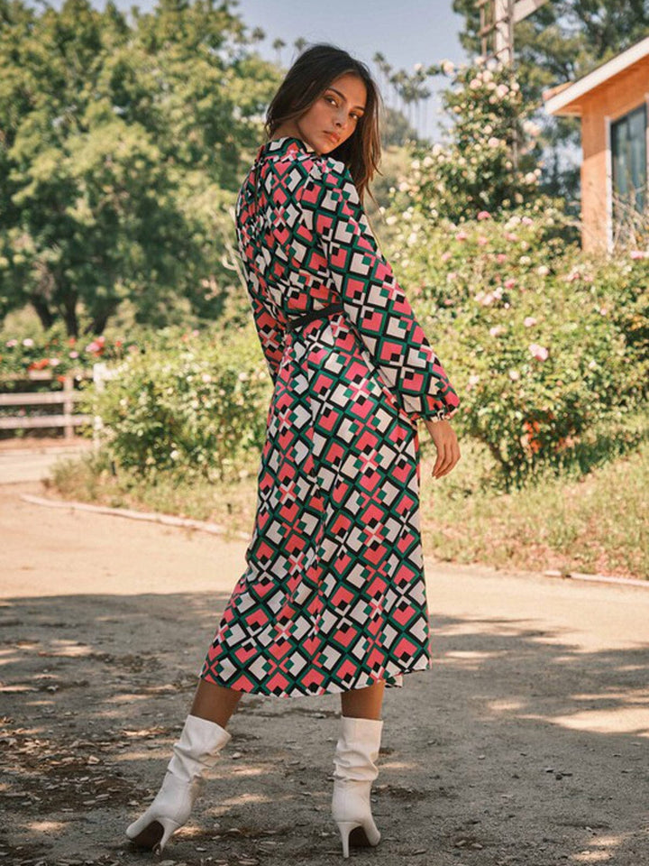 WOMEN'S LONG SLEEVE MOCK NECK MULTI PRINT MAXI DRESS