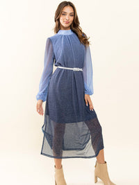 WOMEN'S LONG SLEEVE MOCK NECK BELTED SHIMMER MAXI DRESS