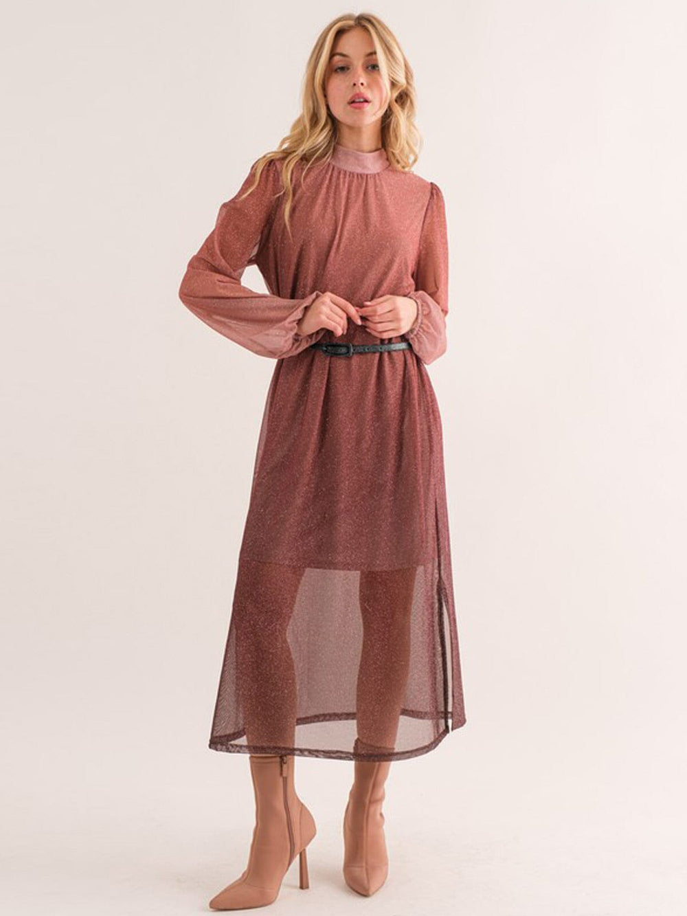 WOMEN'S LONG SLEEVE MOCK NECK BELTED SHIMMER MAXI DRESS
