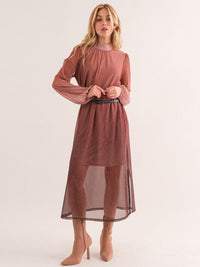 WOMEN'S LONG SLEEVE MOCK NECK BELTED SHIMMER MAXI DRESS