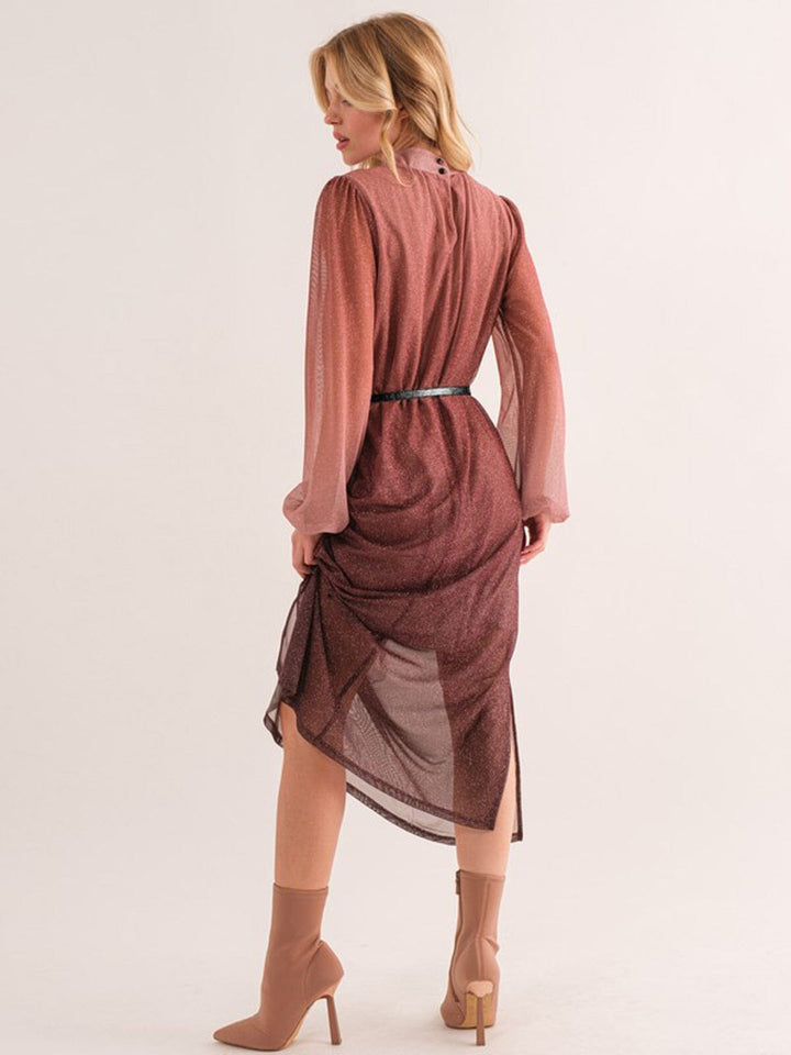 WOMEN'S LONG SLEEVE MOCK NECK BELTED SHIMMER MAXI DRESS
