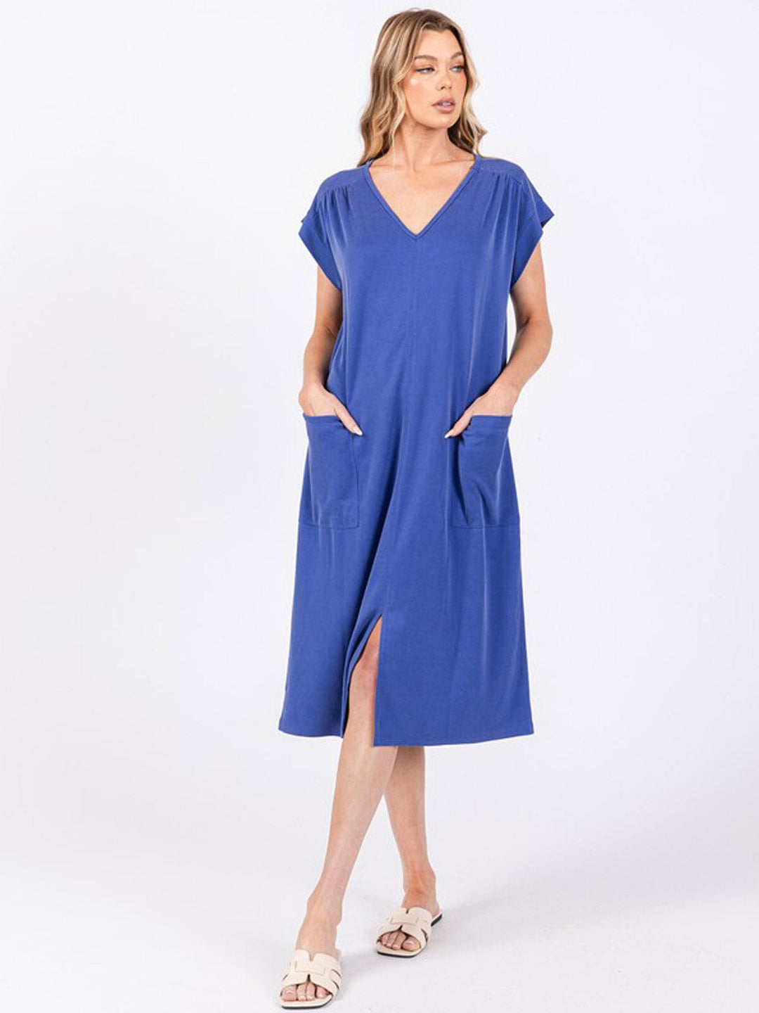 WOMEN'S SHORT SLEEVE V-NECK FRONT POCKETS TUNIC MIDI DRESS