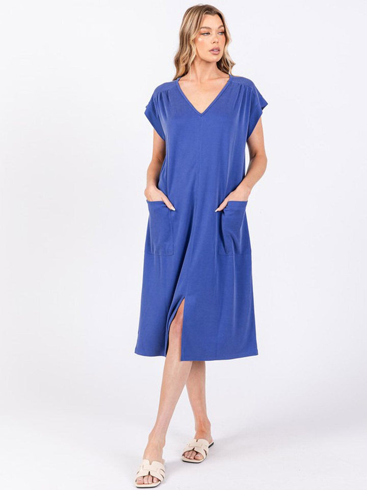WOMEN'S SHORT SLEEVE V-NECK FRONT POCKETS TUNIC MIDI DRESS