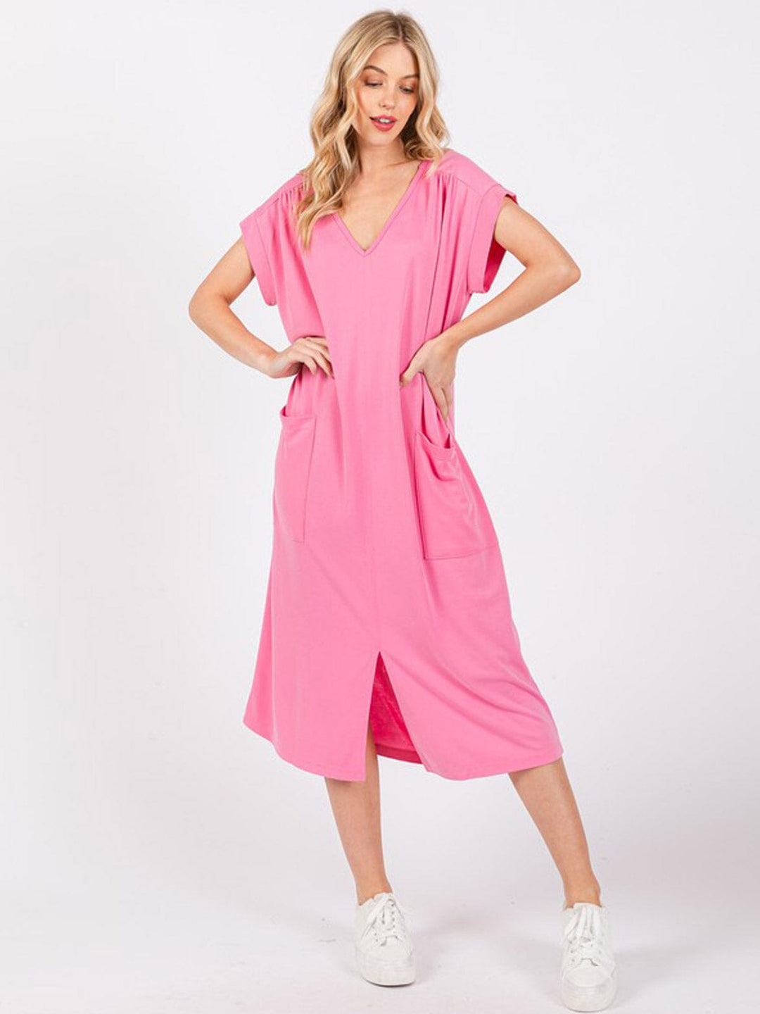WOMEN'S SHORT SLEEVE V-NECK FRONT POCKETS TUNIC MIDI DRESS