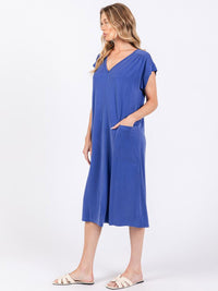 WOMEN'S SHORT SLEEVE V-NECK FRONT POCKETS TUNIC MIDI DRESS