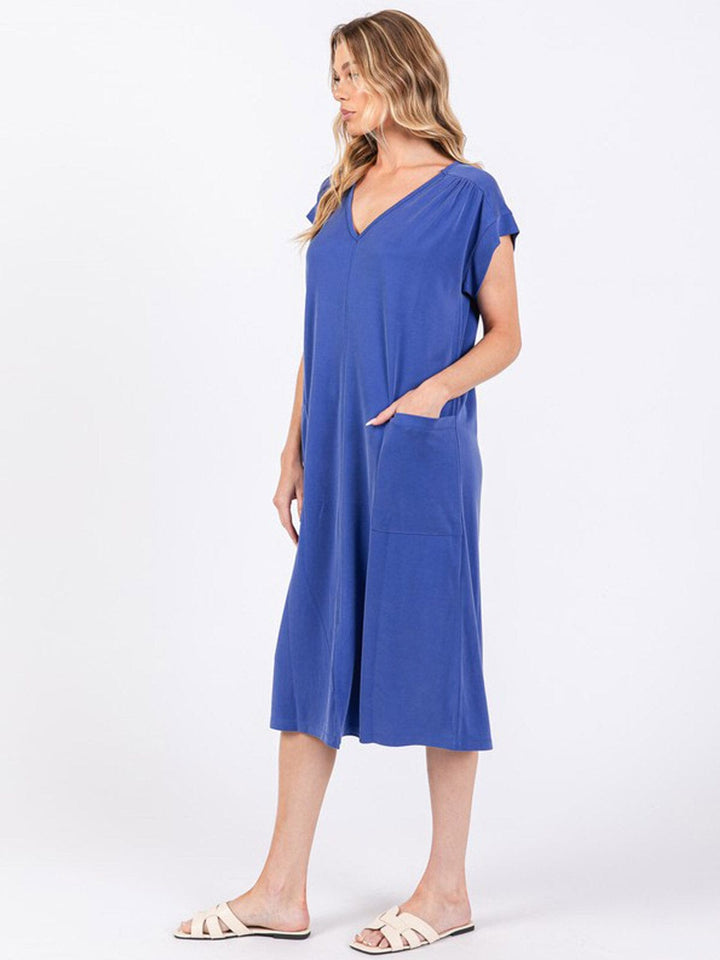 WOMEN'S SHORT SLEEVE V-NECK FRONT POCKETS TUNIC MIDI DRESS