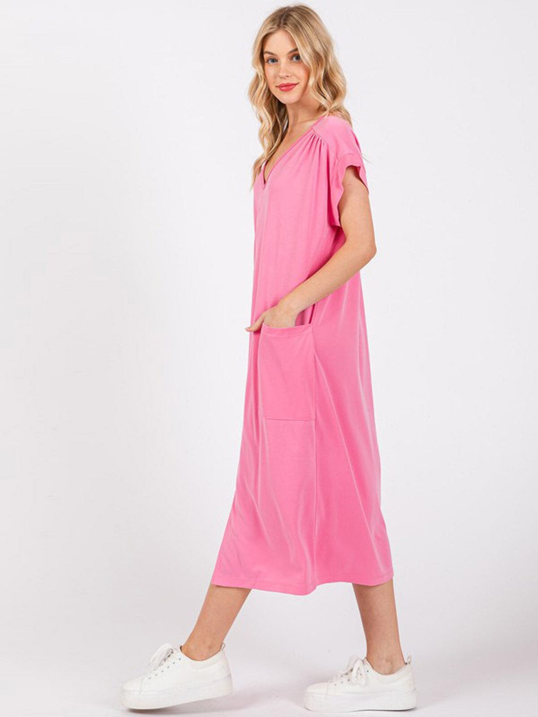 WOMEN'S SHORT SLEEVE V-NECK FRONT POCKETS TUNIC MIDI DRESS