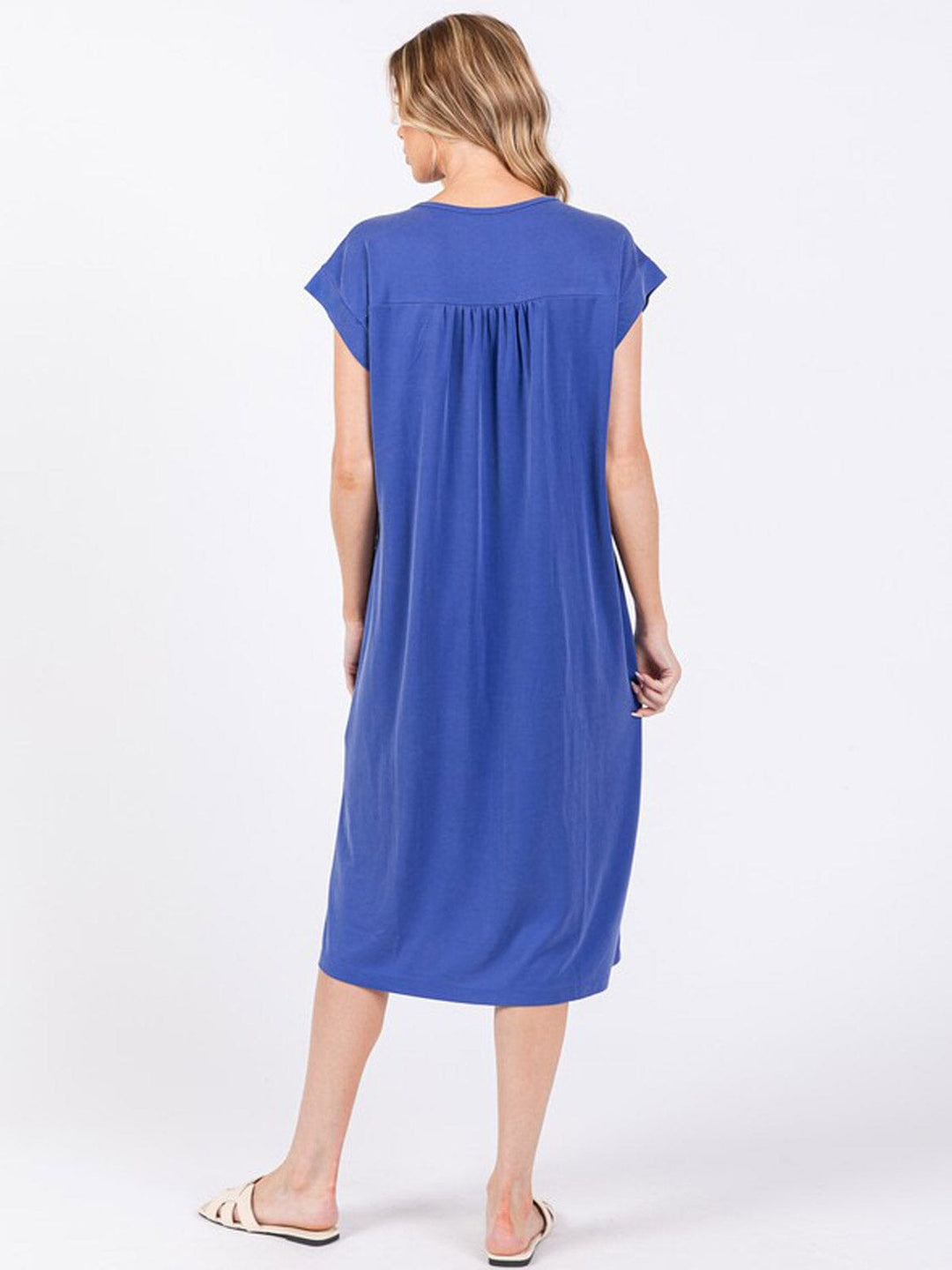 WOMEN'S SHORT SLEEVE V-NECK FRONT POCKETS TUNIC MIDI DRESS