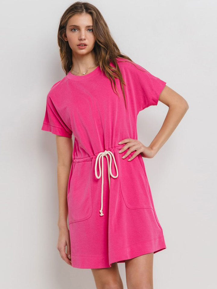 WOMEN'S SHORT SLEEVE FRONT POCKETS ADJUSTABLE WAIST MINI DRESS